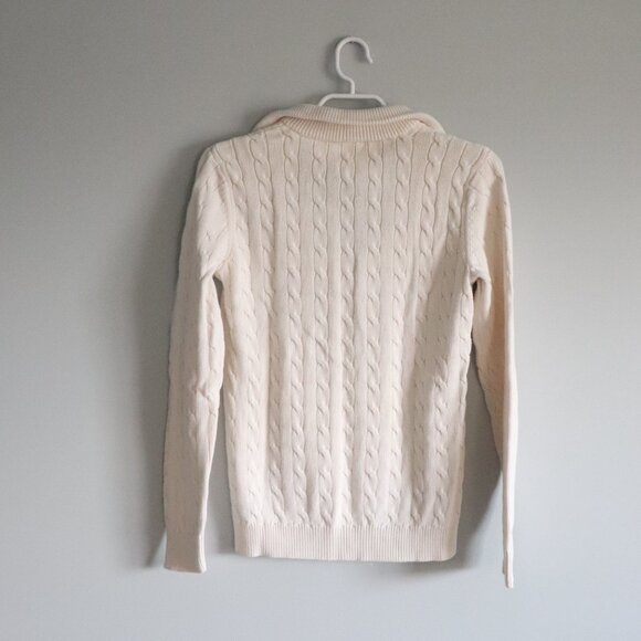 White Women's Cable Knit Collared V-Neck Ribbed Long Sleeve Pullover Sweater - Picture 2 of 11